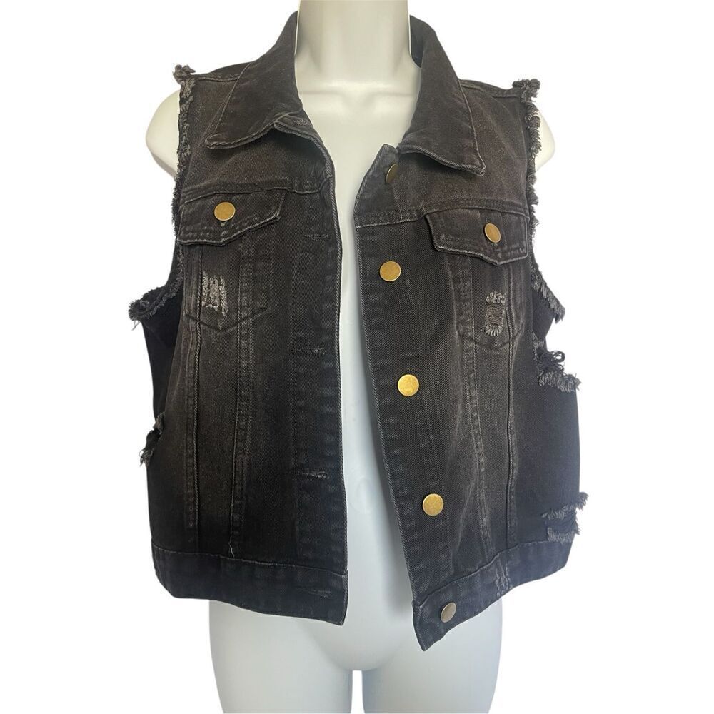 Black Distressed Jean Vest Jacket